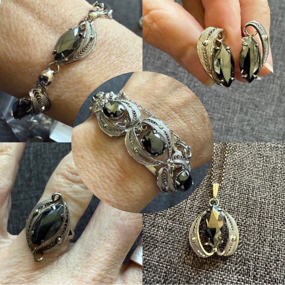 VTG Sorrento Hematite Sterling Silver Earrings 2 Bracelets Ring Necklace 6pc Set